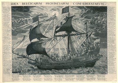 سفينة الدولة 1620 صورة رمزية لحالة البلد السعيدة بعد سينودس دوردريخت Idea Belgicarum Provinciarum Confaederatarum (العنوان على الكائن) بواسطة جاكوبوس أورلوج