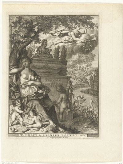 يجلس موسى وبوتي عند قبر الشاعر أرنولد مونين صفحة العنوان لـ: Arnold Moonen ، استمرار Poëzye ، Delft 1720 تتمة لـ A. Moonens Poezy (العنوان على الكائن) بواسطة فرانسوا فان بليسويجك