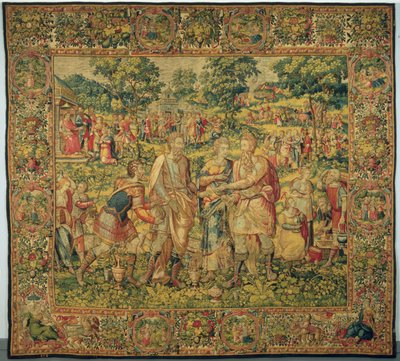الملك أبيمالك يعيد سارة لزوجها ، إبراهيم ، 1580 (نسج وصوف وحرير) بواسطة فرانس جيوبلز