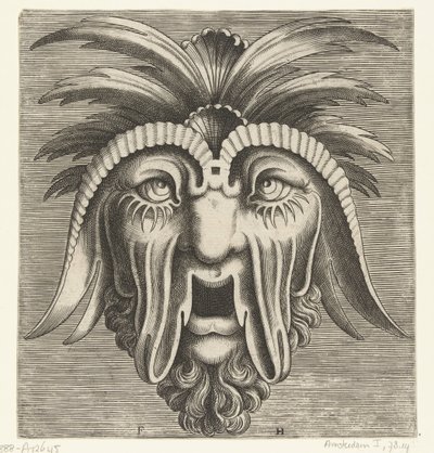 قناع بفم متدلي مفتوح بلا أسنان ، وخدود متدلية وعلامات على الرأس Pourtraicture العبقري de plusieurs facons de masques… (عنوان المسلسل) بواسطة هانز ليفرينك (أنا)
