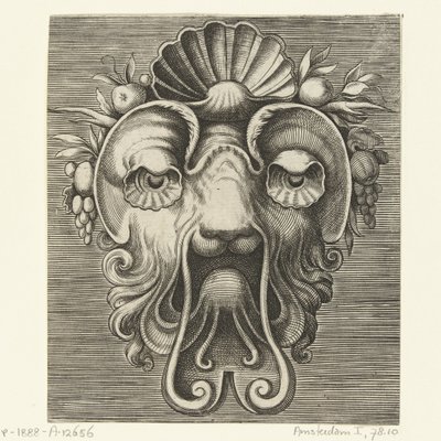 قناع بعيون على شكل صدفة وقشرة بين عناقيد الفاكهة على الجبهة Pourtraicture العبقري de plusieurs facons de masques… (عنوان المسلسل) بواسطة هانز ليفرينك (أنا)