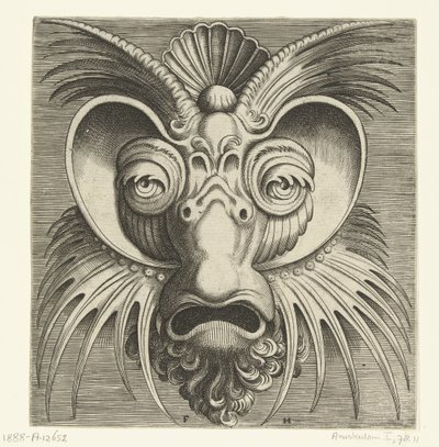 قناع مع الصحون حول العينين وعلامات مسننة مدببة على الخدين والجبهة Pourtraicture العبقري de plusieurs facons de masques… (عنوان المسلسل) بواسطة هانز ليفرينك (أنا)