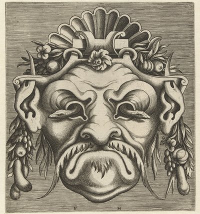 قناع مع اثنين من الثعابين ينظر من تجويف العين Pourtraicture العبقري de plusieurs facons de masques… (عنوان المسلسل) بواسطة هانز ليفرينك (أنا)