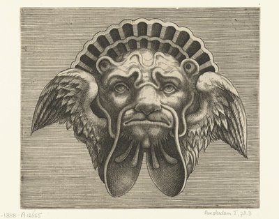 قناع بأجنحة بدلاً من الأذنين وغطاء للرأس على شكل صدفة Pourtraicture العبقري de plusieurs facons de masques… (عنوان المسلسل) بواسطة هانز ليفرينك (أنا)