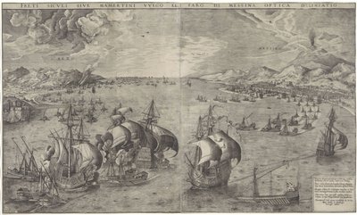 Zeeslag في de Straat van Messina رسم بصري لسواحل صقلية أو Mamertine vulgo ومنارة ميسينا (العنوان على الكائن) بواسطة بيتر بروغل (الأول)