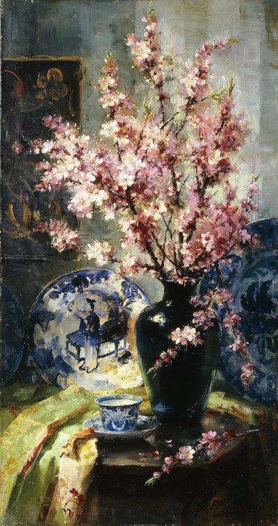 أزهار التفاح والخزف الأزرق والأبيض على طاولة بواسطة Frans Mortelmans