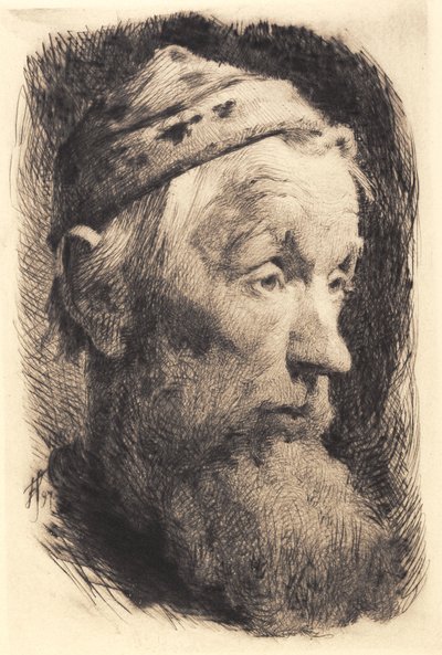 رجل عجوز بغطاء من الصوف الأبيض ، من الملف الشخصي إلى اليمين بواسطة فرانس شوارتز
