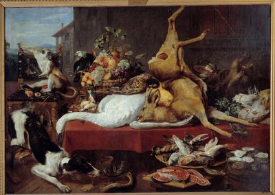 Still life with deer Game (pheasant, goose, deer), slice of fish, crab, legumes. painting by Frans Snyders (1579-1657) بواسطة فرانس سنايدر