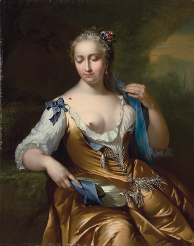 سيدة في منظر طبيعي مع ذبابة على كتفها: رمزية اللمس ، 1742 بواسطة Frans van der Mijn