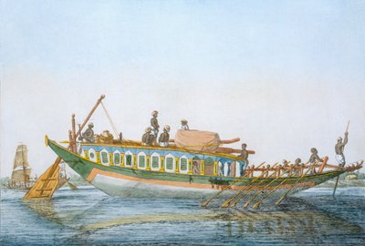 بادجيرا ، مركب نهري مقصور مع دفة مجداف كبيرة ، من "الهندوس ، أو وصف أخلاقهم ، وأزيائهم واحتفالاتهم" ، c.1808-12 (النقش الملون) بواسطة فرانز بالتازار سولفينز