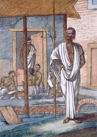 مبدل النقود في متجره ، ومعاملات تسجيله وكوكتيل الحيوانات الأليفة ، من كتاب "الهندوس ، أو وصف أخلاقهم وأزيائهم واحتفالاتهم" ، من 1808 إلى 1212 (النقش الملون) بواسطة فرانز بالتازار سولفينز