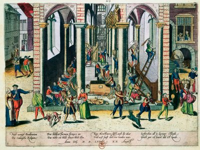 تدمير الاثار والتماثيل في الكنائس ، أبريل 1566 (نقش ملون) بواسطة فرانز هوجينبرغ