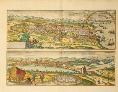 Map of Barcelona and Ecija from Civitates Orbis Terrarum by Georg Braun بواسطة فرانز هوجينبرغ
