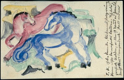 "الحصان الأحمر والأزرق" ، فرانز مارك من Sindelsdorf إلى Wassily Kandinsky في ميونيخ: بطاقة بريدية ، ختم بريد 5 أبريل 1913 بواسطة فرانز مارك