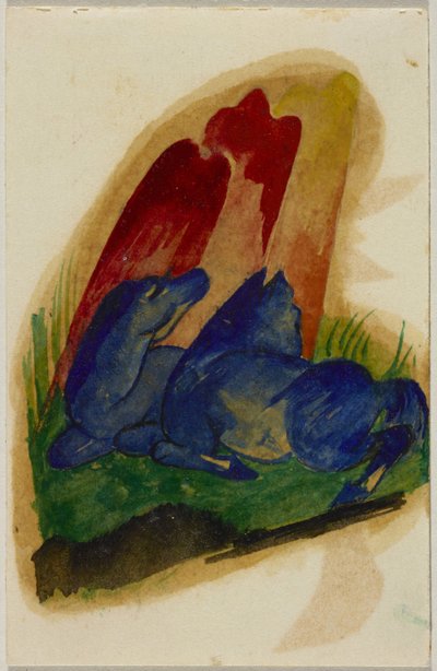 حصانان أزرقان أمام صخرة حمراء ، بطاقة بريدية من Sindelsdorf إلى Wassily Kandinsky في ميونيخ بواسطة فرانز مارك