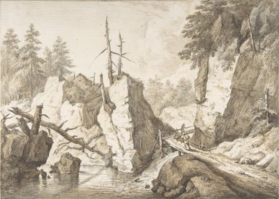 منظر طبيعي للجبال السويسرية مع جسر صغير يمتد على جدول ، 1751-81. بواسطة حماية فرانز