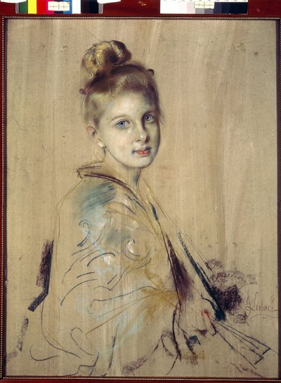 فتاة صغيرة مع مروحة (Girl With A Fan). عمل لفرانز فون لينباخ (1836-1904) ، باستيل على ورق مقوى ، حوالي عام 1880. الفن الألماني في القرن التاسع عشر. متحف الأرميتاج ، سانت بطرسبرغ. بواسطة فرانز سيراف فون لينباخ