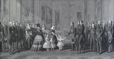 ملكة إنجلترا فيكتوريا (1819-1901) تستقبل لويس فيليب إير (لويس فيليب دورلينز ، 1773-1850) ، ملك فرنسا في قلعة وندسور ، 8 أكتوبر 1844. نقش بعد لوحة رسمها وينترهالتر بواسطة Franz Xaver  Winterhalter (after)