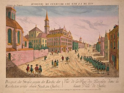 من Rue des Recolets de Quebec ، تم نشره عام 1770 (النقش الملون يدويًا) بواسطة فرانز كزافييه هابرمان