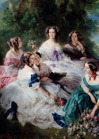 يحيط The Impress Eugenie (1826-1920) في عام 1855 بسيدات الشرف في قصر التفاصيل ، ويمثلن أميرة Essling ، وبارونة الأحجار ، و Viscountess Lezay-Marnesia ، والإمبراطور على القمة باللون الأبيض وماركيز مونتيبيلو في ال بواسطة فرانز كزافييه وينترهالتر
