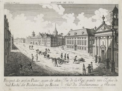 Vue d&39;Optique - Prospect des grossen Plazes gegen der Alten Sud Kirche der Presbiterianer zu Boston (منظر بصري - منظر للمربعات الكبيرة باتجاه الكنيسة المشيخية الجنوبية القديمة في بوسطن) ، ج. 1776 (حفر ونقش ، غير ملون على ورق مضغوط) بواسطة فرانز كزافييه هابرمان