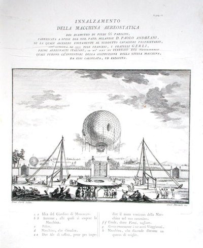 أول رحلة مأهولة بمنطاد الهواء الساخن في إيطاليا قام بها باولو أندرياني (1763-1823) 1784 ، محفور بواسطة جيرولامو مانتيللي ، نُشر عام 1785 (نقش) (انظر أيضًا 206819) بواسطة فراتيلي جيرلي (بعد)