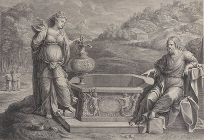المسيح جالسًا إلى اليمين ، وامرأة السامرة التي تقف إلى اليسار ، ح. 1729. بواسطة فريديريك هورتيميلز