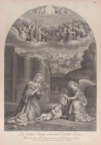 العذراء مريم تعشق الطفل المسيح ، ملاك يحمل إكليل الشوك إلى اليمين ، ... ، كاليفورنيا. 1729. بواسطة فريديريك هورتيميلز