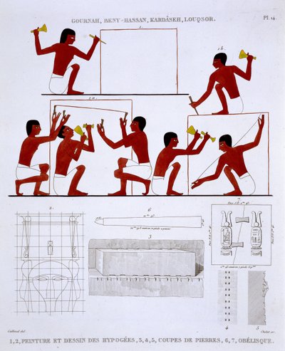الحجارة في العمل ، من سجل نادر من اللوحات الجدارية من طيبة ، سجلت 1819-1822 في زيارته الثانية لمصر بواسطة فريدريك كايود (1787-1869) ، لون ليثو بواسطة فريدريك (بعد) كايود