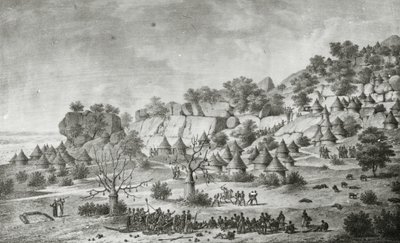 منظر لقرية تقع شمال أغادي في أراضي شعب البيرتات، من منظور جنوبي، من "رحلة إلى مروي: أو فلوف بلانك أو ديلا دي فازوقلدان لو ميدي دو روياوم دي سنار آ سيواه،" طبعة صنعها جي إنغلمان، نُشرت عام 1827 (مطبوعة حجرية) بواسطة فريدريك (بعد) كايود