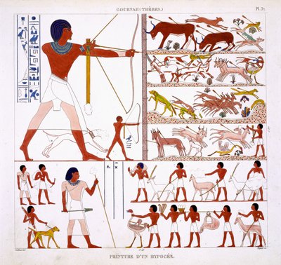 مشاهد الصيد ، من سجل نادر من اللوحات الجدارية من طيبة ، سجلت 1819-1822 في زيارته الثانية لمصر بواسطة فريدريك كايليود (1787-1869) ، لون ليثو بواسطة Frederic Cailliaud
