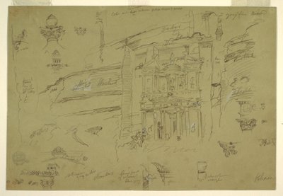 رسم، التفاصيل المعمارية للخصنة، البتراء، أواخر فبراير 1868 بواسطة كنيسة فريدريك إدوين