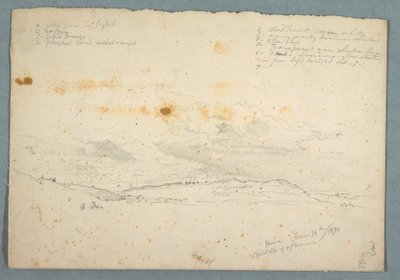 رسم، منظر طبيعي في وادي هدسون؛ القفا: رسم تخطيطي لكنيسة ذات بلاطات شجرية، 14 يونيو 1870 بواسطة كنيسة فريدريك إدوين