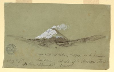 رسم، منظر لكوتاباكسي من هاسيندا سان أنطونيو، الإكوادور، 30 أغسطس 1853 بواسطة كنيسة فريدريك إدوين