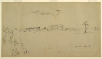 رسم، مناظر للبازيليكا ومعبد نبتون، بايستوم، إيطاليا، أبريل 1869 بواسطة كنيسة فريدريك إدوين