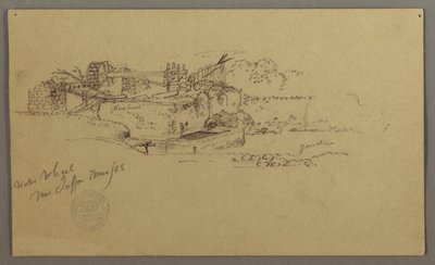 رسم، عجلة ماء مع حوض في حديقة، يافا، فلسطين [تل أبيب، إسرائيل]، مارس 1868 بواسطة كنيسة فريدريك إدوين
