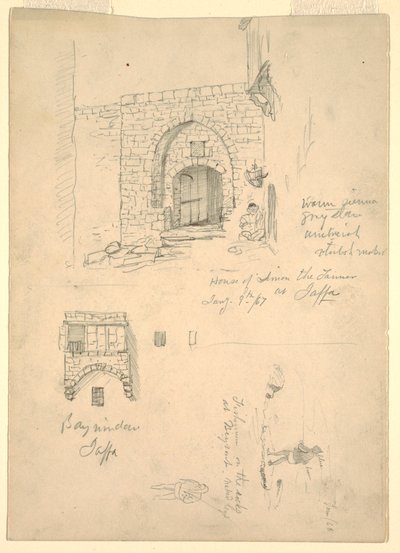 رسومات تخطيطية لمنزل سيمون ذا تانر ، يافا ، فلسطين [تل أبيب ، إسرائيل] وصيادون على الصخور في بيروت ، سوريا [بيروت ، لبنان] بواسطة كنيسة فريدريك إدوين