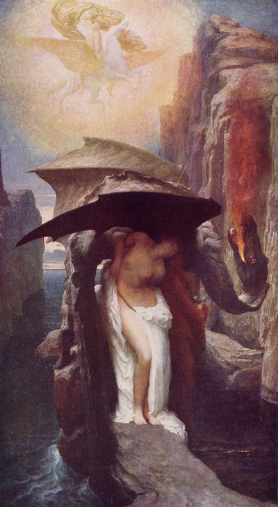 Perseus and Andromeda ، رسم توضيحي من كتاب "الأسطورة الكلاسيكية والأسطورة" للمؤلف AR Hope Moncrieff ، تم نشره عام 1910 بواسطة فريدريك ليتون