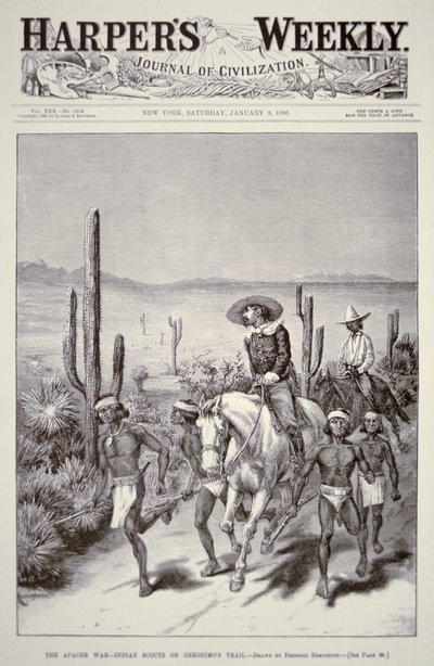 يقود كشافة أباتشي دورية عسكرية في مطاردة جيرونيمو (1829-1909) من "هاربر ويكلي" ، 9 يناير 1886 (ليتو) بواسطة فريدريك ريمنجتون