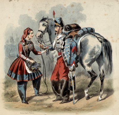 The French army and its cantinieres: Hussard and cantiniere de troupe de line. Engraving by Frederic Sorrieu (1807 -? ) بواسطة فريدريك سوريو