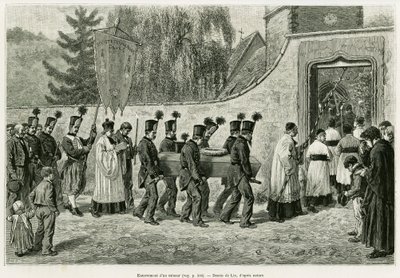 دفن قاصر. نقش بواسطة Lix ، لتوضيح القصة A عبر الألزاس ولورين ، في عام 1887 ، بواسطة تشارلز جراد ، النائب الألماني ، في جولة العالم 1888 ، من إخراج إدوارد شارتون (1807-1890) ، هاشيت ، باريس. بواسطة فريدريك ثيودور ليكس
