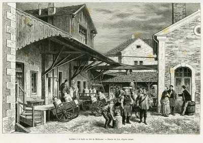 الألبان في ميلك هول في ميلوز. نقش بواسطة Lix لتوضيح القصة A travers l'Alsace et la Lorraine ، بواسطة تشارلز جراد ، المستودع الألماني ، في عام 1885 ، في جولة العالم 1887 ، تحت إشراف إدوارد شارتون (1807-1890) ، هاشيت ، باريس. بواسطة فريدريك ثيودور ليكس