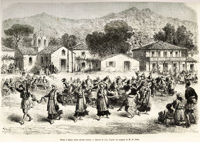 رقص شعبي في ساحة قرية هاجيا آنا (القديسة آن). نقش بعد رسم Lix ، لتوضيح الرحلة في اليونان ، بواسطة Henri Belle ، في 1861-1868-1874 ، نُشر في "" Le tour du monde "" "1876 ، تحرير إدوارد شارتون ، طبعة Hachette ، باريس بواسطة فريدريك ثيودور ليكس
