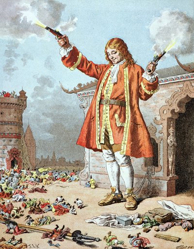 "لقد سقطوا جميعًا إلى الوراء ، كما لو كانوا قد أصيبوا بالرعد" ، التوضيح من "Les Voyages de Gulliver" لجوناثان سويفت (1667-1745) بواسطة فريدريك ثيودور ليكس