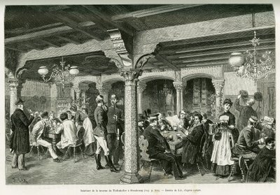داخل حانة Tiefenkeller في ستراسبورغ. نقش بواسطة Lix ، لتوضيح القصة A عبر الألزاس ولورين ، في عام 1887 ، بواسطة تشارلز جراد ، النائب الألماني ، في جولة العالم 1888 ، من إخراج إدوارد شارتون (1807-1890) ، هاشيت ، باريس. بواسطة فريدريك ثيودور ليكس