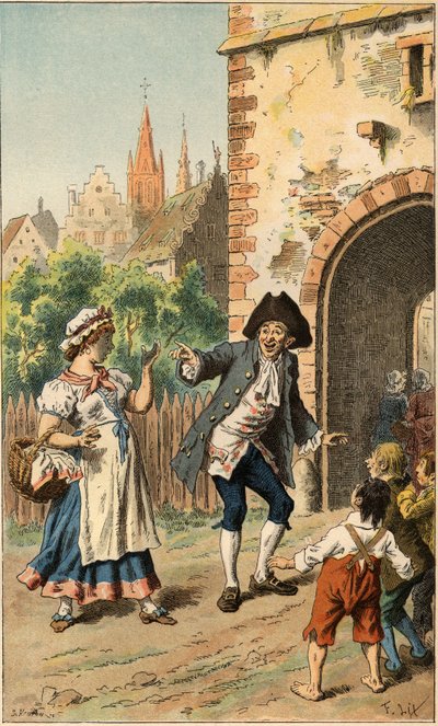 الأغنية الشعبية: "A Paris y at-une dame" ". رجل يسخر من خادمة حتى يغطى الوجه بالطلاء. رسم توضيحي لفريدريك ثيودور ليكس (1830-1897) في "" Chansons et rounds enfantines des plans de la France "" بواسطة فريدريك ثيودور ليكس