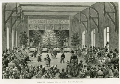 شجرة عيد الميلاد في مؤسسة Dietsch. نقش بواسطة Lix ، لتوضيح القصة A عبر الألزاس ولورين ، في عام 1887 ، بواسطة تشارلز جراد ، نائب ألماني ، في جولة العالم 1888 ، من إخراج إدوارد شارتون (1807-1890) ، هاشيت ، باريس. بواسطة فريدريك ثيودور ليكس