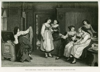 الزي الألزاسي القديم. نقش من قبل Lix ، بعد لوحة Present de Noces لبابست ، لتوضيح القصة من خلال الألزاس واللورين ، بواسطة تشارلز جراد ، المستودع الألماني ، في عام 1885 ، في جولة العالم 1887 ، تحت إشراف إدوارد شارتون (1807) بواسطة فريدريك ثيودور ليكس