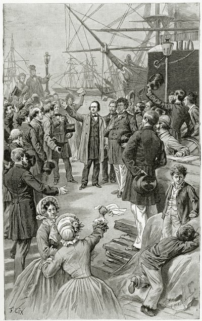 يشيد فيكتور هوغو بجمهورية عالمية خلال خطاب أثناء وجوده في المنفى في 1 أغسطس 1852 ، القرن التاسع عشر (النقش بالحجر الأبيض) بواسطة فريدريك ثيودور ليكس