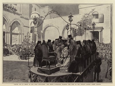 عيد الفصح أمام القبر المقدس ، البطريرك اليوناني يغسل أقدام اثني عشر أقدم كهنة يونانيين بواسطة فريدريك دي هاينين